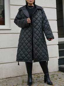 SHEIN Cottnline Plus Size Belted Puffer Quilted Coat - Black - View 5