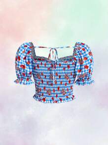 The Wizard of Oz X SHEIN 1 Máy Tính Nữ Họa Tiết Hoa Và Kẻ Gingham In Người Yêu Cổ Diềm Viền Áo Ngực Top - Màu xanh lam - Xem 8