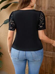 SHEIN Privé Plus Size Women's Valentine's Day Date Lace Patchwork Short Sleeve T-Shirt