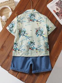 Ensemble pour jeune garçon - Tenues de vacances de loisirs pour tout-petits 2 pièces, chemise à col imprimée vert clair et jean, pour l'été - Vert - Voir 2