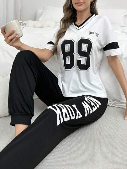 SHEIN 拼色數字圖案V領短袖上衣和字母印花長褲睡衣套裝運動款