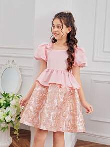 SHEIN Tween Girl Square Neck Ruched Poof Sleeves Jacquard Dress With Ruffle Hem - Pink - View 3