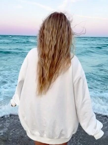 SHEIN EZwear Áo len ống rộng in chữ cây dừa đi biển - trắng - Xem 2