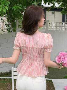 DAZY Women Ruffle Hem All-Over Print Summer Shirt Babydoll Top