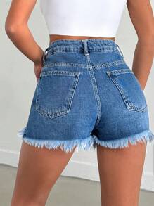 RueChic Summer Casual High Waisted Denim Shorts With Frayed Edge And Pockets - Light Wash - View 2