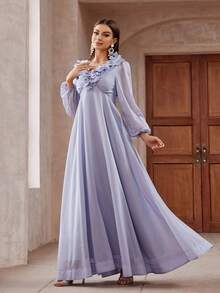 Vestido de dama de honor con manga lámpara, decorado con flores en 3D, de unicolor - Púrpura malva - Ver 6