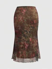 ROMWE PUNK Plus Size Vintage Tie Dye Flower Print Mermaid Skirt