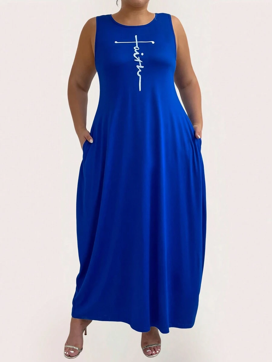 SHEIN LUNE Summer Plus Size Women Simple Printed Solid Color Sleeveless Dress - Royal Blue - View 1