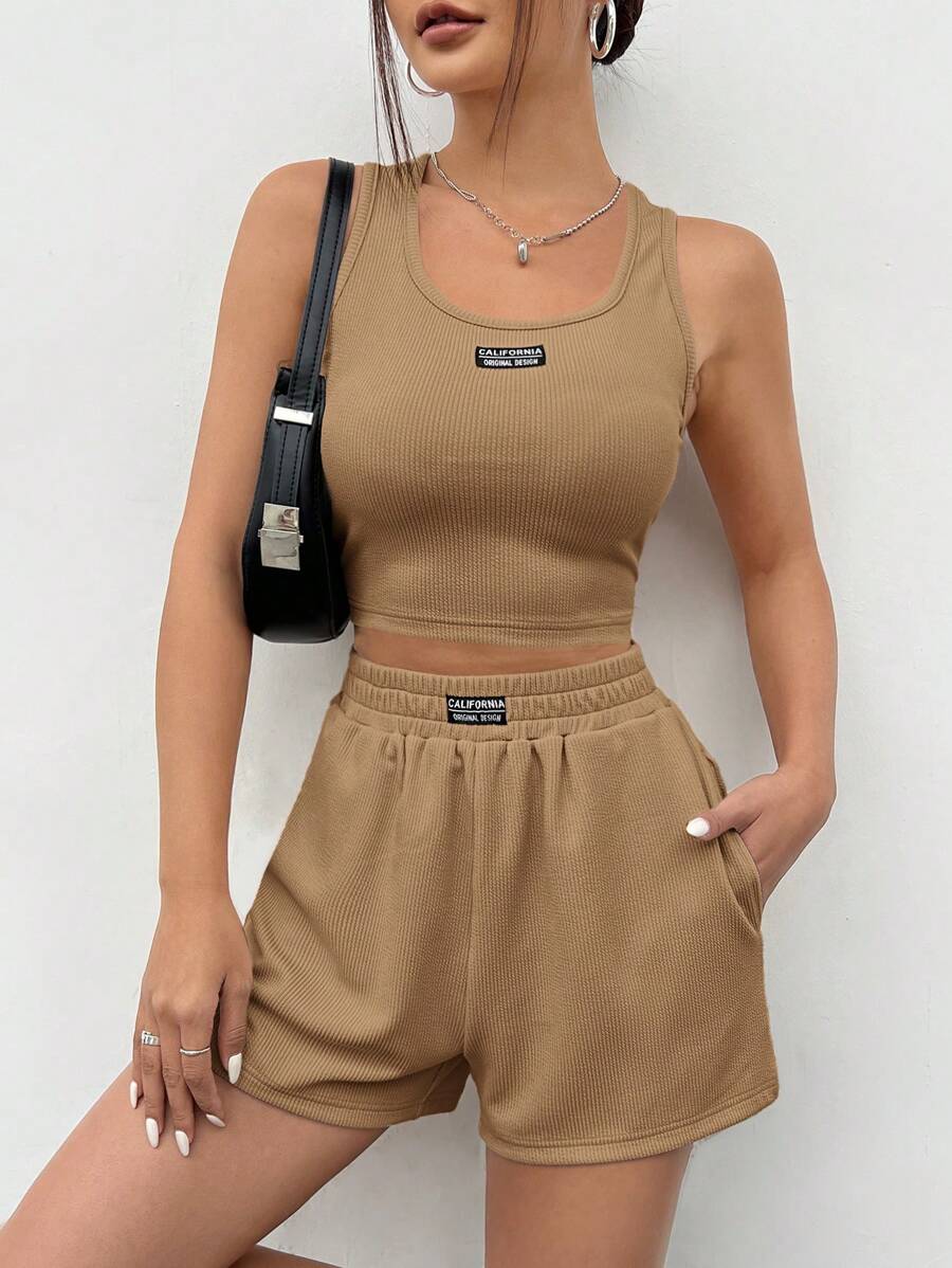 SHEIN EZwear Khaki Knitted Sleeveless Women Vest Set - Khaki - View 1