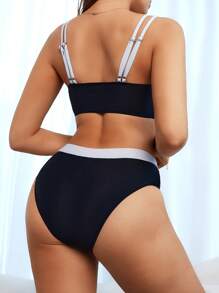 SHEIN Swim Women Color-Block Criss-Cross Bikini Set, Sexy Bikini Set With Separated Bra For Holiday Summer Beach - Black and White - View 2