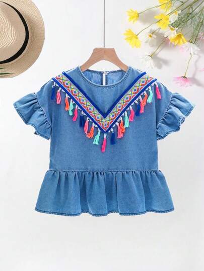 SHEIN Tween Girl Summer Fringe Decorated Patchwork Tassel Round Neck Denim Top, Summer Vacation
