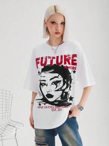 Coolane Sporty Street Style Casual Women Oversized Drop Shoulder T-Shirt With Graffiti Portrait Graphic Print, Hiphop Streetwear, Unisex