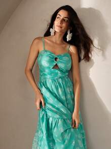 Anewsta Women's Summer Spaghetti Strap Paisley Print Dress With Ruffle Hem - Green - View 7