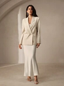 Anewsta 女士双排扣西装领简约工作服西装外套 - 米色 - 查看 3