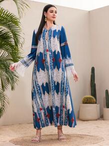 Al Najma Women's Vintage Printed Fringed Sleeve Cuff Dress - Blue - View 7