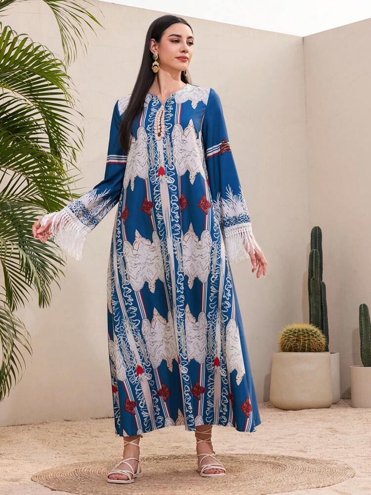 Women's Vintage Printed Fringed Sleeve Cuff Dress