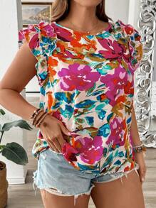 SHEIN Holidaya 大码女式夏季假日印花圆领荷叶袖宽松衬衫 - 彩色 - 查看 5