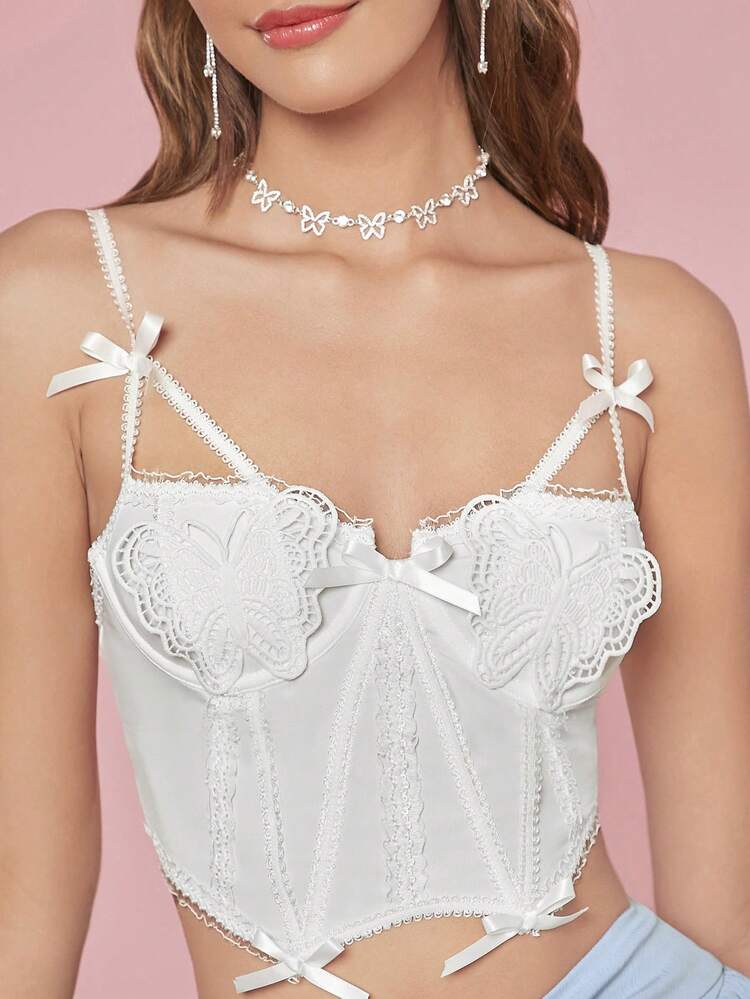 Women Cute Sexy Fashionable Butterfly Corset Bowknot Daily Wear Spring Summer Tank White Top