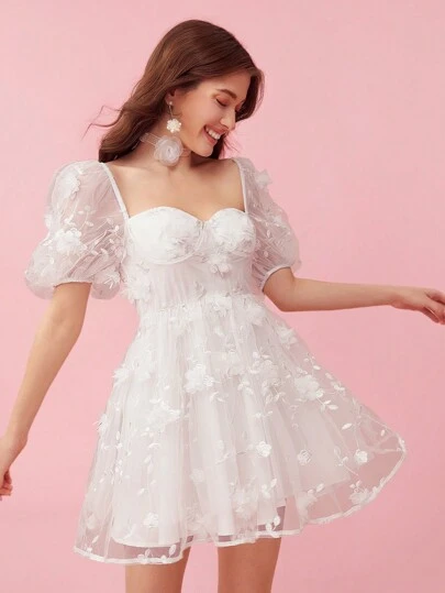 Enchnt White Romantic 3D Flower Bubble Sleeve Graduation White Summer Dress