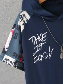 SHEIN Teen Boy Hooded Short Sleeve T-Shirt With Letter Print And Shorts With Pockets Set - Navy Blue - View 7