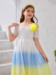 Tween Girl Summer Shirred Cold Shoulder Casual Gradient Dress For Beach Vacation