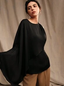 Anewsta Women's Round Neck Solid Color One-Shoulder Casual Daily Wear Shirt - Black - View 6