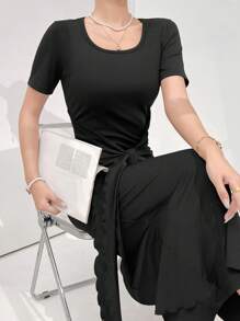 Modelyn Vestido Elegante de Cor Sólida, Envolto e com Cinto, Vestido Tubinho para Verão, Vestidos Longos para Noite - Preto - Visão 5