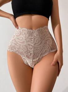 Ropa interior elegante y romántica de encaje con talle alto, lencería de color albaricoque - Albaricoque - Ver 3