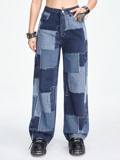 Street Life Vaqueros de pierna recta para mujer con parches de bloques de color