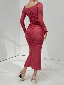 Modelyn Women's Spring Long Sleeve Slim Fit Pleated Dress - Pink - View 2