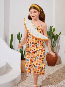 SHEIN Tween Girl Casual Vacation Cute Printed One Shoulder Jumpsuit With Ruffle Trim - Multicolor - View 3