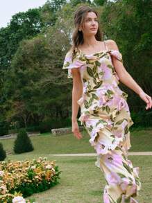 MOTF PREMIUM Vestido Estampado De Flores Con Ribete De Volantes Tejido - Multicolor - Ver 12