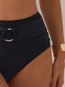 SHEIN Swim 女士實色戒環細節褶皺比基尼下身 - 彩色 - 查看 5