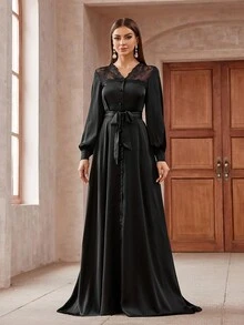 Women's Elegant Solid Color Lace Patchwork Lantern Sleeve Front Button Long Dress - Black - View 3