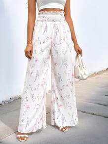 SHEIN Privé Women's Summer Elegant, Floral Printed, Pleated High Waisted Long Pants, Perfect For Daily Wearing, Vacation, Party, Music Festival And Ins