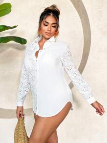 SHEIN SXY Camisa blanca de manga larga con encaje calado y bordado para ocasiones informales y vacaciones