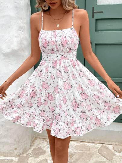 SHEIN Frenchy Comfy Texture, Exquisite Floral Print Ruched Bust Cami Dress Vacation Summer Short Dress, Summer Vacation Season, Comfy, Boho, Mother Day Dress, Mom, Fashion, Grad Dress, Elegant Teacher, Leisure, Long Summer Dress, Simple Daily, Cottagecore, Holidayleisure, Modest, Bachelorette, Suitable For Vacation Bridgerton