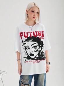 Coolane Sporty Street Style Casual Women Oversized Drop Shoulder T-Shirt With Graffiti Portrait Graphic Print, Hiphop Streetwear, Unisex