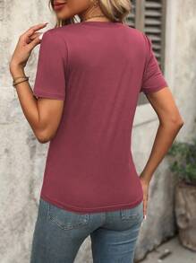 SHEIN LUNE Women Solid Color V-Neck Short Sleeve Casual T-Shirt, Summer