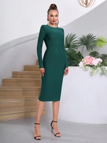 性感女款長袖大拉鍊後背貼身中長洋裝，適合度假與派對 - 墨綠色 - 查看 5