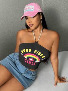 Flirla Plus Size Women's Summer Rainbow & Letter Print Halter Top For Casual Wear - Black - View 7