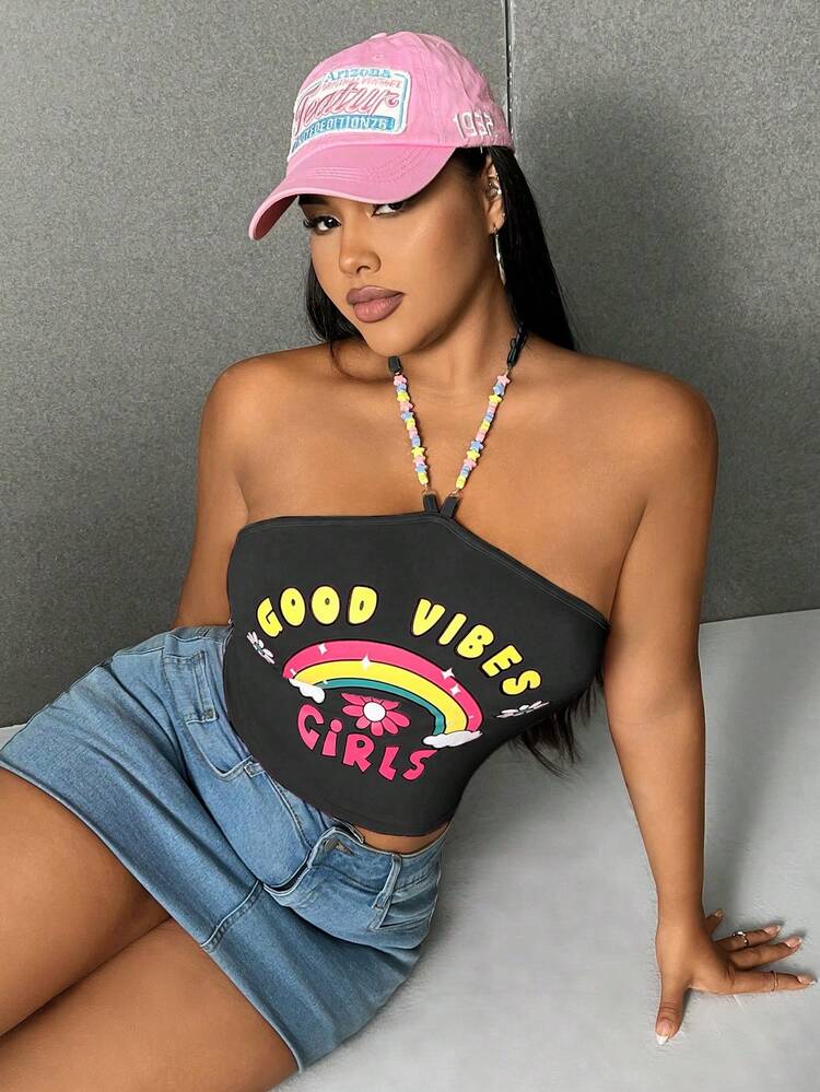 Plus Size Women's Summer Rainbow & Letter Print Halter Top For Casual Wear