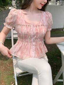 DAZY Women Ruffle Hem All-Over Print Summer Shirt Babydoll Top
