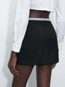 Maija 女装夏季双层腰线条纹拼接商务休闲毕业典礼复古优雅通勤直筒裙 - 黑色 - 查看 7