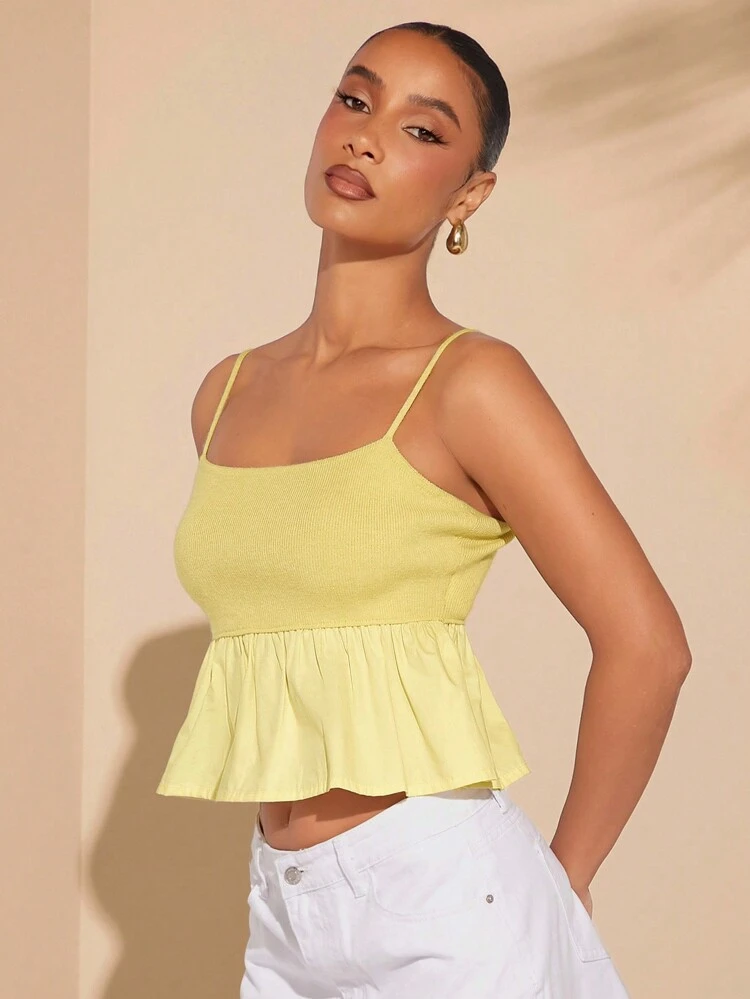 Solid Ruffle Peplum Hem Knit Cami Top