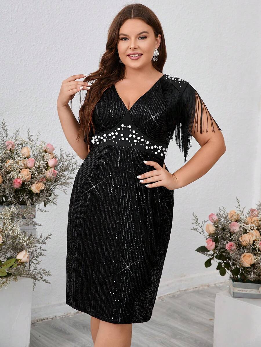 SHEIN Belle Élégante robe noire grande taille courte avec strass, perles et décorations à franges cloutées par ordinateur, convient pour une soirée cocktail - Noir - Voir 1