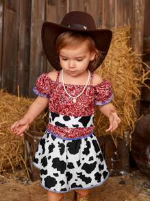 SHEIN 3pcs/Set Toddler Girls' New Fun Spring/Summer Outfit, Including Fun Printed Western Style Cowgirl Denim Shirt, Milk Print T-Shirt And Casual Jeans