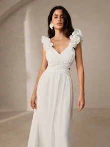 Anewsta Exquisite And Elegant Women's Hollow Out 3D Floral Chiffon Dress For The Waist