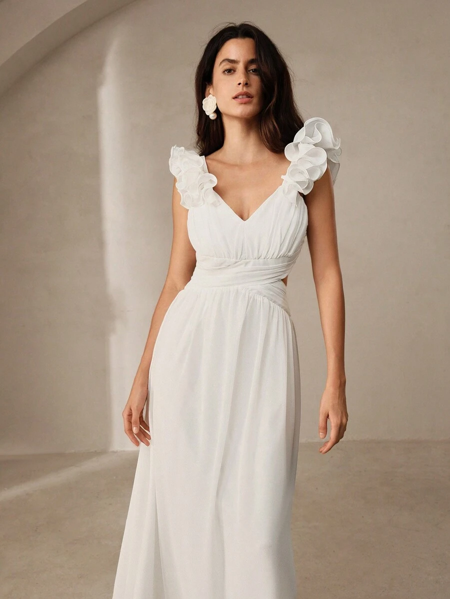 Anewsta Exquisite And Elegant Women's Hollow Out 3D Floral Chiffon Dress For The Waist