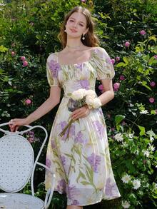 女士花卉印花方领泡泡袖连衣裙 - 紫色 - 查看 4